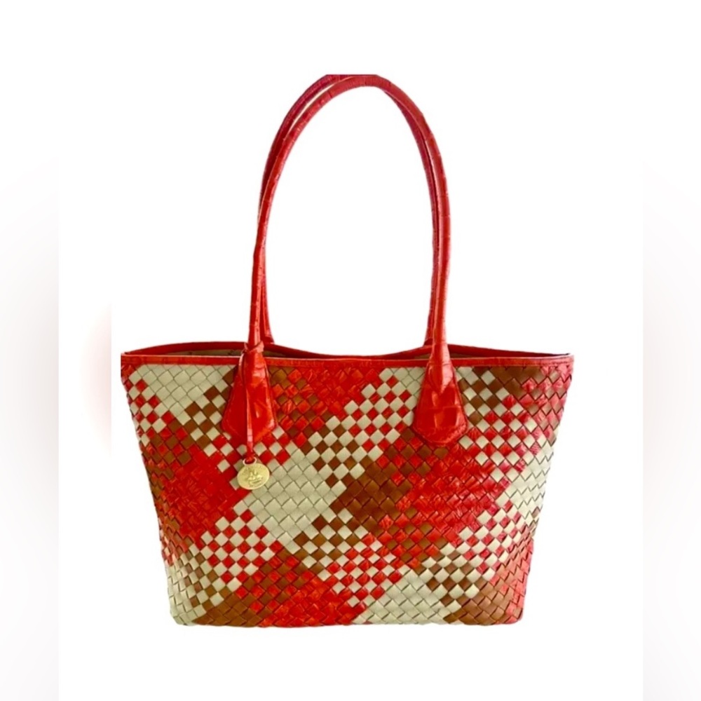 Brahmin Sassy Tote FIRECRACKER Woven Luxe CROCO Orange Multi Purse Bag.
